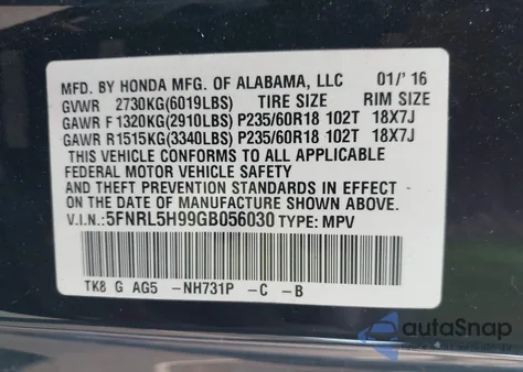 2016 Honda Odyssey Touring/Touring Elite from USA, damaged, VIN 5FNRL5H99GB056030